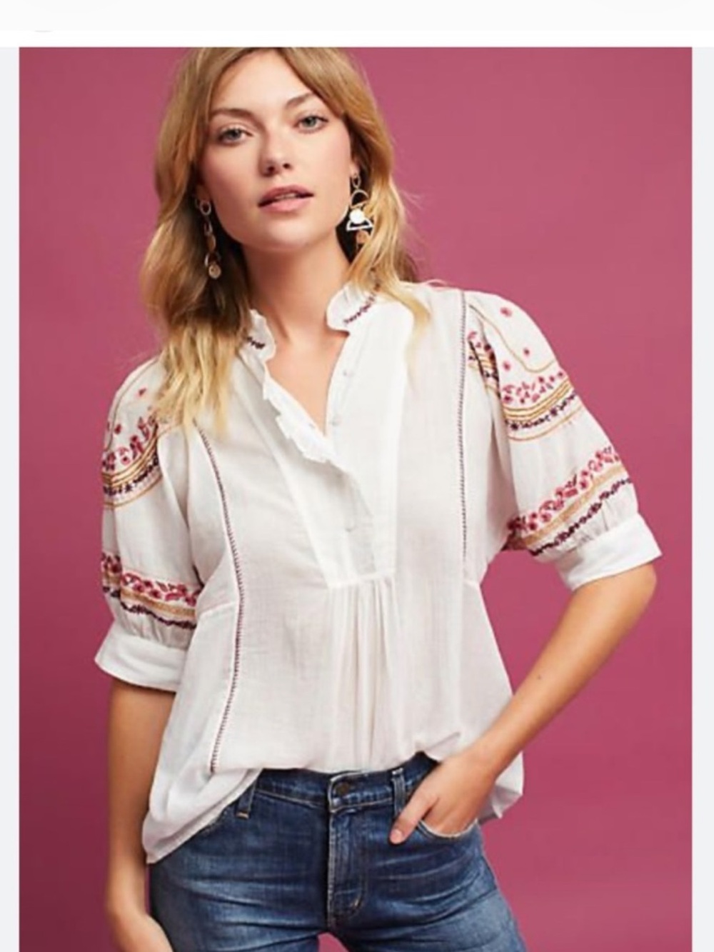 Anthropologie White Peasant Blouse with Pink & Gold Embroidery